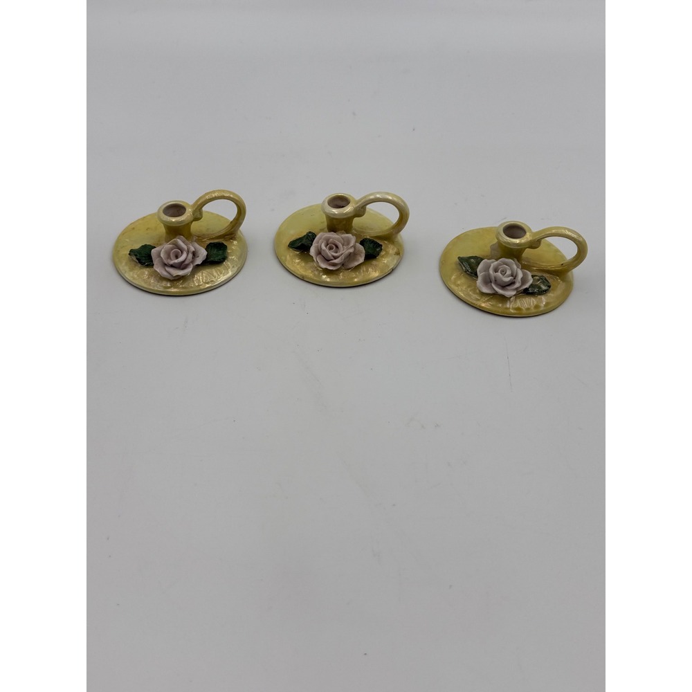 Vintage Germany Porcelain Iridescent Yellow Rose Chamberstick Candle Holders Set